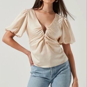 ASTR Satin Puff Sleeve Ruched Deep V Blouse Champagne Boho Top Small NWT